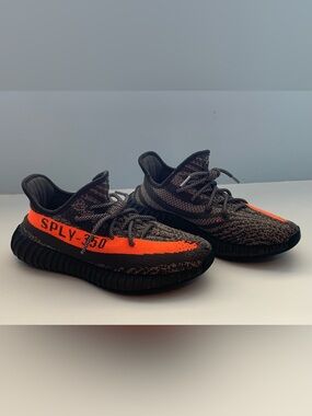 Yeezy Black & Orange Knit Sneakers with 'SPLY-350' Stripe